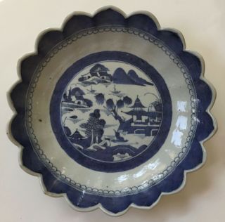 Antique Canton Chinese Export Blue & White Porcelain Scalloped Dish,  9” X 1.  75”