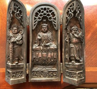 Antique Chinese Folding Triptych To Reveal Three Buddhist Figures