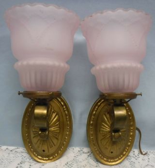 Pair Antique Art Deco Brass Electric Wall Sconces With Light Pink Shades