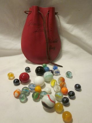 Vintage Leather Marble Bag With Marbles Mixed Ball Assortment