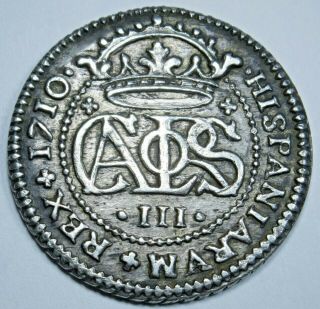1710 Au - Bu Spanish Silver 2 Reales Real Old Antique Two Bit Colonial Pirate Coin