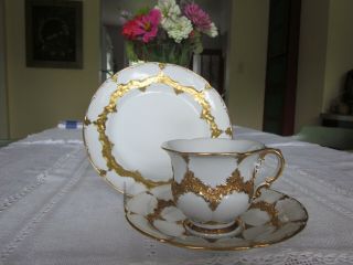 Antique Meissen Heavy Gold Gilded Cup Saucer & Dessert Plate B Form Pattern 754