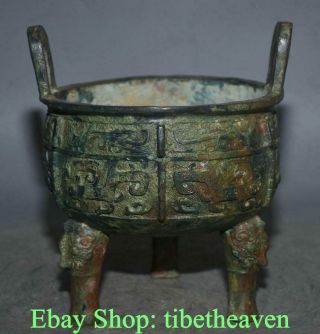 8 " Ancient Chinese Bronze Ware Shang Dynasty Beast Face 3 Feet Incense Burners
