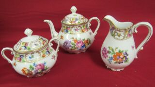 Antique Schumann Dresden Empress Small Teapot Sugar & Creamer Bavaria Flowers