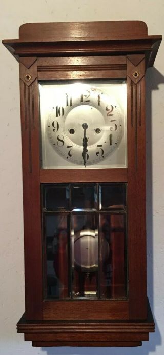 Antique Mission Arts And Crafts Period Wall Clock Leaded Glass With Key