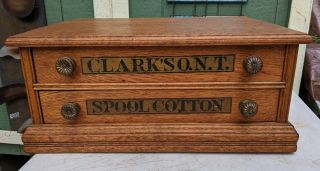 Antique Oak CLARK ' S 2 Drawer Spool Cabinet 2