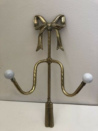 Vintage Brass Ribbon Bow Wall Coat Towel Hanger Hook Ceramic Balls 15 X 8.  5 "