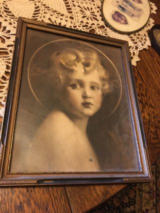Vintage Large Sepia Print 10 " X 12 1/2 " Cupid/child Orb Art Deco Frame