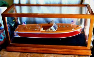 Vintage Wooden Chris Craft Speedboat Model Boat In Glass Display Case