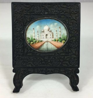 Antique Indian Miniature Of Taj Mahal Fine Detail In Carved Hardwood Frame