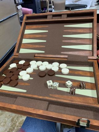 Incomplete Vintage Backgammon Set Brown Padded Leather Travel Case Cardinal
