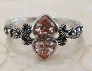 Vintage 925 Sterling Silver Heart Ring Champagne Color Stone & Marcasite Size 6