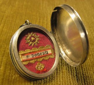 Antique & Ornate Silver Locket Case With A Relic Of St.  Joseph