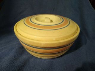 Vintage Blue And Pink Stripe Yellow Ware Pottery Casserole Bowl With Lid