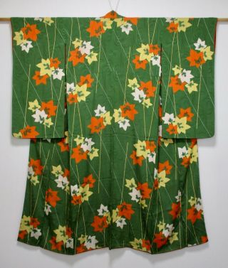 Japanese Silk Antique Kimono / Flower Pattern / Green / Vintage Silk Fabric /577