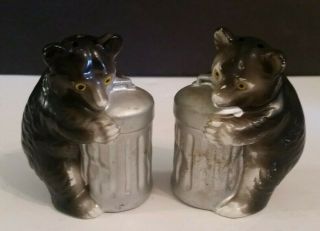 Black Bear Cub Vintage Salt & Pepper Shakers On Trash Can Wood Stopper