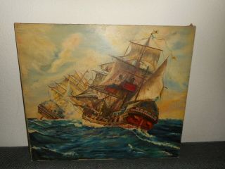 Large Antique Oil Painting,  { Ships In Battle On A Rough Sea,  - 1880 }.