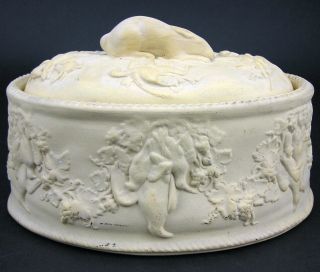 Antique Wedgwood Only Cane Caneware Rabbit Hare Lid Game Pie Dish Tureen 3 - Pc