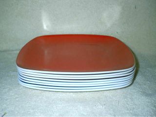 Vintage Melamine Melmac Home Dinner Plates Set Of 8 Red & Blue 10 1/2 " Square