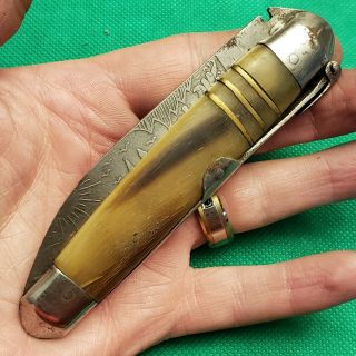 Antique Spanish Horn Ratchet Lock Etched Navaja Folding Pocket Knife Knives