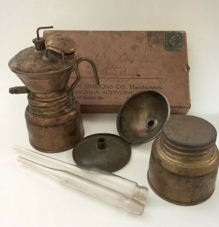 Antique Baldwin Miner’s Carbide Lamp,  Light W/ & Org Box,  John Simmons Co