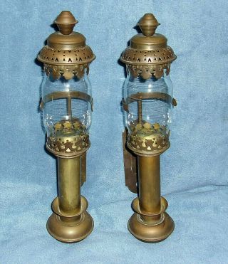 Antique Brass Spring Loaded Wall Mount Railroad Lantern Candle Sconces