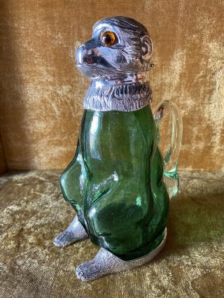 Green Glass & Silver Plated Monkey Decanter Animal Claret Jug Silverplated Ware