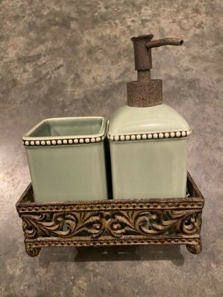 Vintage Sage Green Liquid Soap Lotion Dispenser And Cup In Metal Rack