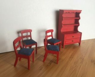 Vintage Lundby Swedish Dollhouse Furniture Red Hutch China Cabinet,  4 Chairs