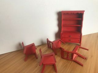 Vintage Lundby Swedish Dollhouse Furniture Red Hutch China Cabinet,  4 Chairs 2