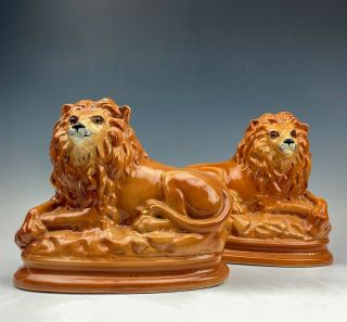 Large Pair Antique Staffordshire English Pottery Glass Eyes Lion Figurines 007