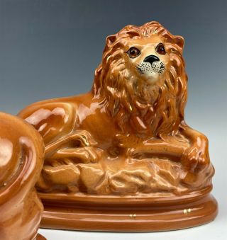 LARGE Pair Antique Staffordshire English Pottery Glass Eyes Lion Figurines 007 3