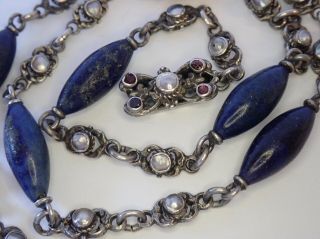 Antique Austro Hungarian Sterling Silver Lapis Lazuli Pearl Chain Necklace