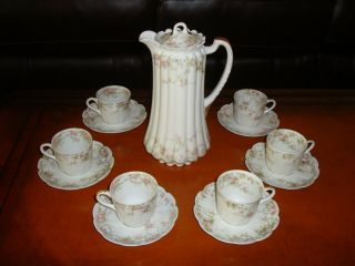 Antique Limoges Coffee / Chocolate Set Of 6 Cups,  Saucers & Pot,  Pink Flowers