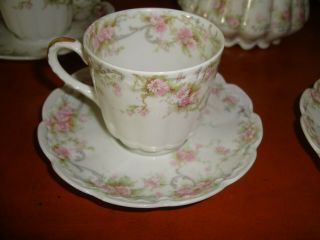 ANTIQUE LIMOGES COFFEE / CHOCOLATE SET of 6 CUPS,  SAUCERS & POT,  PINK FLOWERS 2