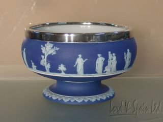 Antique Wedgwood Dark Blue Dip Jasperware Pedestal Bowl W/silverplate Rim