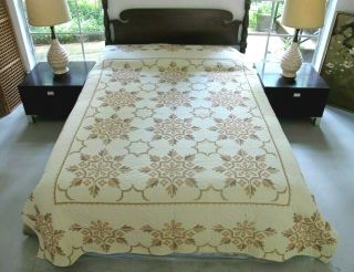 Needs Tlc: Vintage Cotton Hand Sewn Cross Stitch Abstract Flower & Leaves Quilt