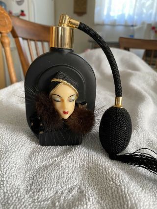Vtg Perfume Bottle Atomizer With Lady Head/fur.  Black Glass