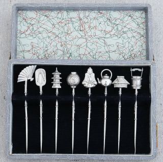 Set 8 Japanese Sterling Silver Figural Cocktail Hors D’oeuvres Picks Toothpicks