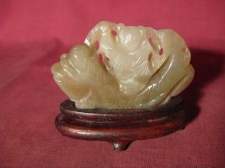 Antique Chinese Carved Jade Sculpture Of Man Riding Fish W Carved Wooden Stand