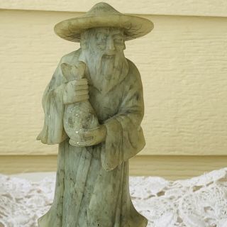 Vintage Carved Green Soapstone Chinese Ancient Man With Fish