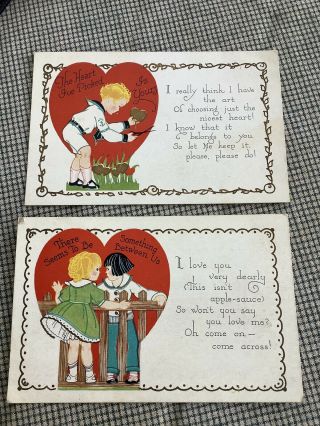 2 Vintage Valentine’s Day Postcards Heart Boy Girl Antique Scissors