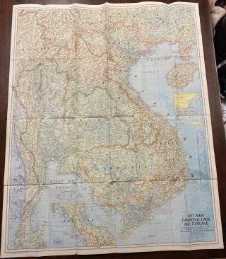 Vintage 1967 Vietnam Cambodia Laos Thailand National Geographic Map Old 1960 