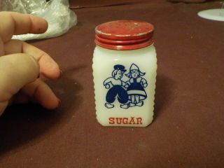 Vintage White Milk Glass Sugar Shaker With Dutch Boy & Girl With Red Cap