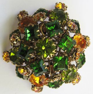 Vintage Unsigned Schreiner York Green & Gold Glass Rhinestone Domed Pin