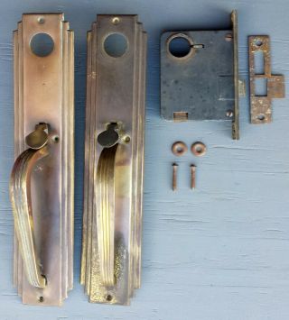 Antique Vintage Deco Brass Exterior Entry Door Lockset Handle Pull Plate Lock