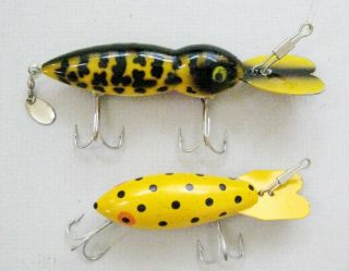 2 Vntg Bomber Fishing Lures: Wood Yellow W Black Polka Dots,  Plastic Waterdog