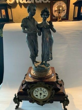 19th C.  Antique French Figural Clock With Red Marble Case - Project Or Parts