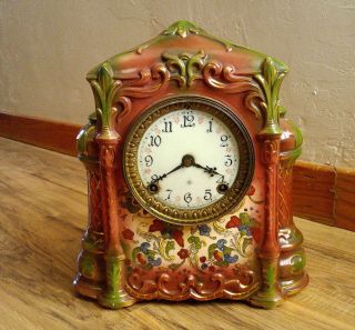 Antique Ansonia Amara Porcelain Mantle Clock,  Fancy Hand Painted Dial