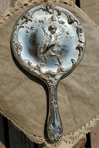 Vintage Antique Silverplate Cherub Heavy Vanity Hand Mirror
